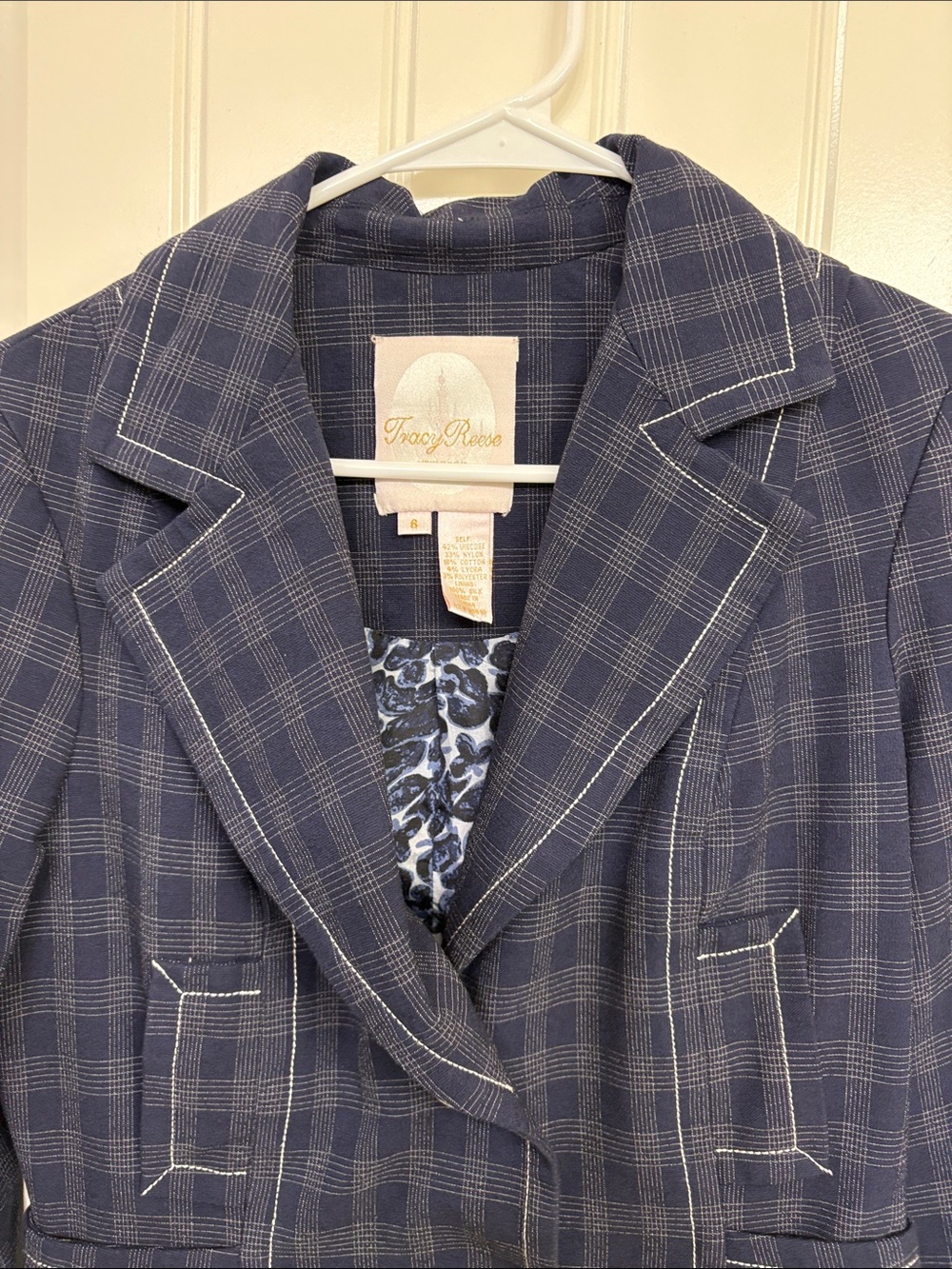 Tracy Reese Navy Plaid Tailored Blazer with Contrast Stitching - Picture 3 of 12